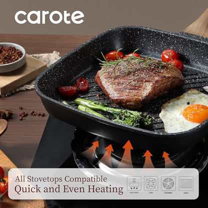 CAROTE 11 Inch Nonstick Grill Pan for Steak - Premium Granite Nonstick Coating, Square Grill Skillet, Indoor Outdoor RV Camping Use, Gas & Induction Safe, All Stovetops Compatible, PFOA Free, Black