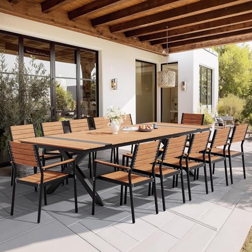 Pellebant 13 Piece Patio Table and Chairs Set for 12, Aluminum Outdoor Dining Set with Umbrella Hole, Stackable Dining Chairs & 118" Dining Table, Brown