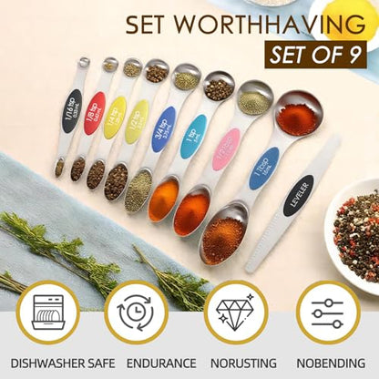 Stainless Steel Magnetic Measuring Spoons Set of 9 with Leveler,Dual Sided, Stackable, Adjustable Teaspoon and Tablespoon, Measuring Liquids and Dry Ingredients, Baking& Cooking Gadgest,Multicolor