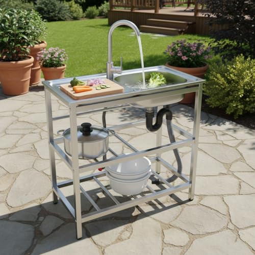 DYRABREST 75x40x78cm Outdoor Kitchen Sink with Workstation, Heavy-Duty Stainless Steel Freestanding Sink with 2-Tier Storage Racks, 360° Swivel Faucet, Adjustable Feet for Backyards, Cafes