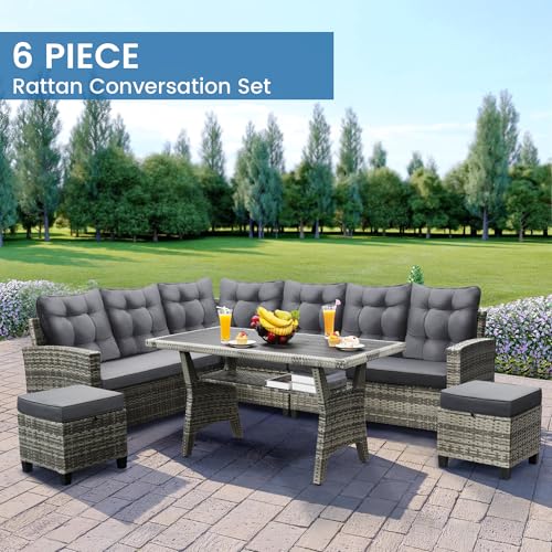 KROFEM 6-Piece Patio Furniture Set, Outdoor Sectional Sofa with Dining Table & Chairs, All-Weather Dining Set with Removable Cushion Covers, Ideal for Garden, Porch, Backyard, Grey