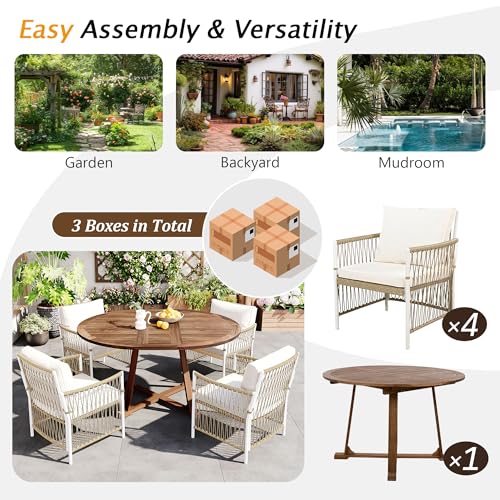 Merax 5 Piece Patio Dining Set, Outdoor Acacia Wood Extendable Round Table with 12 Inch Butterfly Leaf and 4 Rattan Arm Chairs w/Cousions & Pillows for Backyard,Balcony, Garden, Poolsid, Natural