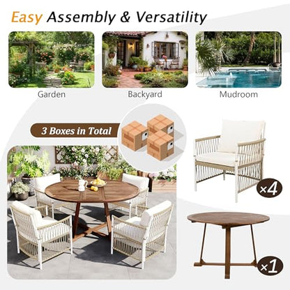 Merax 5 Piece Patio Dining Set, Outdoor Acacia Wood Extendable Round Table with 12 Inch Butterfly Leaf and 4 Rattan Arm Chairs w/Cousions & Pillows for Backyard,Balcony, Garden, Poolsid, Natural