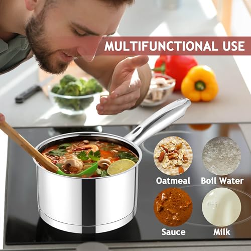 E-far 1 Quart Saucepan with Lid, Stainless Steel Small Sauce Pan Boiling Pot for Cooking, Compatible with All Stoves, Healthy & Non Toxic, Oven & Dishwasher Safe