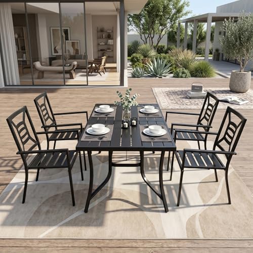 VOYSIGN 5 Piece Outdoor Patio Dining Sets, 60" Rectangular Metal Dining Table with Umbrella Hole & 4 Stackable Metal Chairs, Weather Resistant Garden Furniture Set for Backyard, Deck, Porch