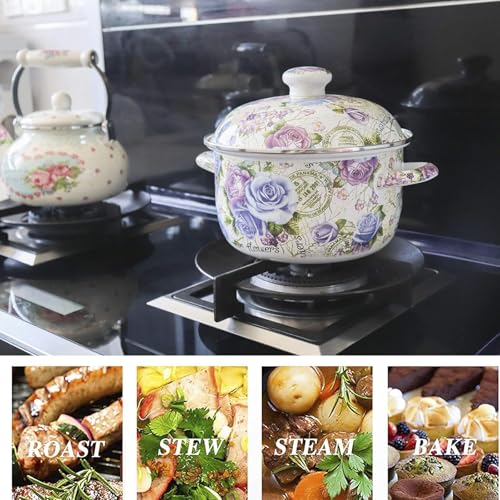 Retro 5QT Flower Enamel on Steel Stock Soup pot with Lid, Stockpots for Cooking,Retro Classic Design