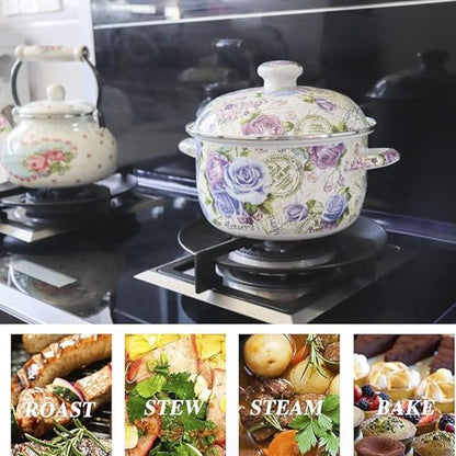 Retro 5QT Flower Enamel on Steel Stock Soup pot with Lid, Stockpots for Cooking,Retro Classic Design