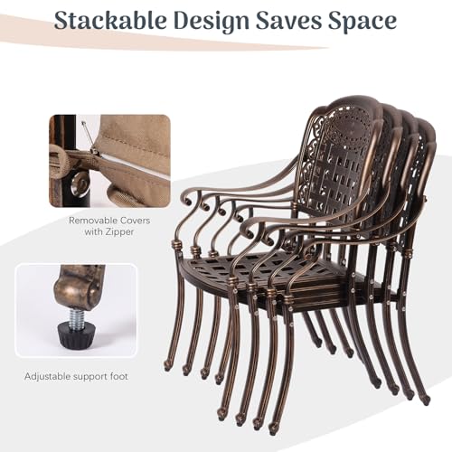 Redlife 9-Piece Cast Aluminum Outdoor Dining Set, 86" Rectangular Patio Table with Umbrella Hole, 8 Stackable Chairs with Cushions, Lattice Backrest, All-Weather Waterproof Patio Furniture Set