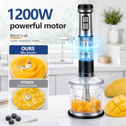 Levstek Immersion Hand Blender Set, 1200W 20-Speed Stainless Steel Stick Blender with 7 Accessories, 500ml & 200ml Chopper Cups, Milk Frother, Egg Beater, for Smoothies, Soups Kitchen Essential