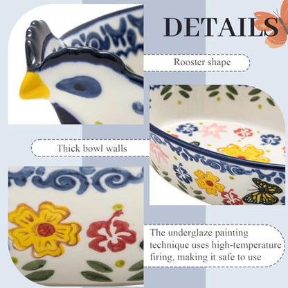 Uiifan 27 oz Ceramic Casserole Dishes Chicken Shape Vintage Pie Pan Bakeware Butterfly and Flower Pattern Plate Lasagna Pans Soup Bowl for Oven, Dishwasher and Microwave Safe