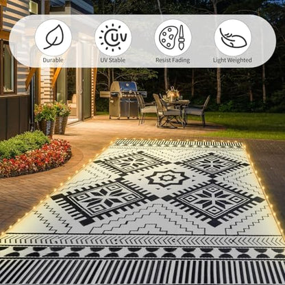 DiiKoo Waterproof Outdoor Rug Mat for Patio, Waterproof Plastic Straw Rugs for Patio RV Camping Picnic Balcony, Boho3 LED3 (Black&White)/8x10ft with LED Lights