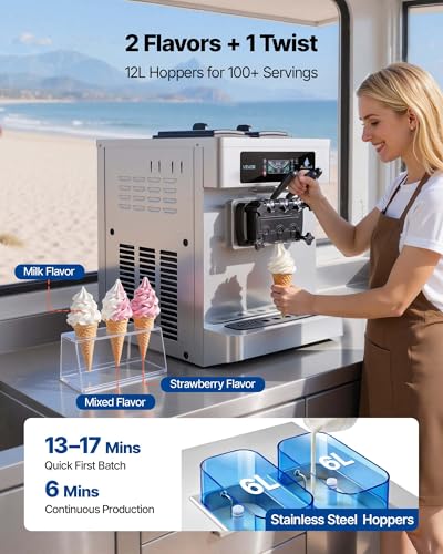 VEVOR Commercial Ice Cream Machine, 20-28L/H Yield, 2200W 3-Flavor Countertop Soft Serve Ice Cream Maker with 2 x 6L Hoppers & Built-In Puffing Pump, Pre-Cooling Low-Mix Alert for Snack Dessert Shops