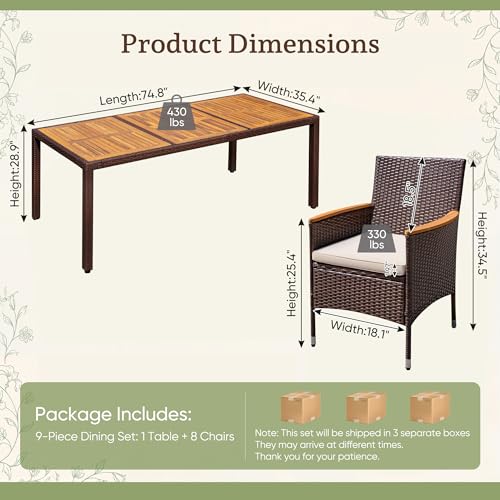 Greesum 9 Pieces Patio Dining Set Acacia Wood Dining Set for 8 (Brown)