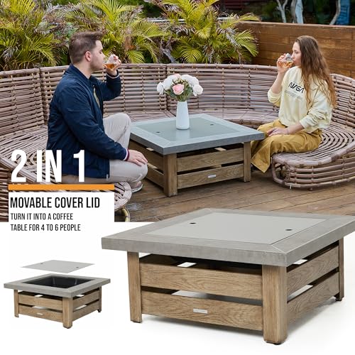 WILDMOS Firepits for Outside，Wood Burning Fire Pit with Wood-Grain Side Panels,Firepit for Outside with Mesh Cover & Fire Poker,Square Modern Outdoor Fireplace Fire Table. (Countryside)