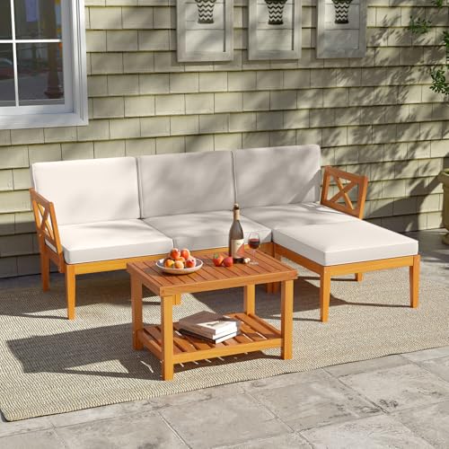 Tangkula L Shaped Outdoor Furniture Set, 5 Pieces Acacia Wood Patio Conversation Set, Modular Outdoor Lounge Sofa Set w/Cushions and Coffee Table for Garden, Backyard, Poolside