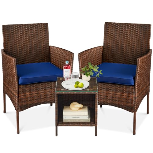 Best Choice Products 3-Piece Outdoor Wicker Conversation Bistro Set, Space Saving Patio Furniture for Garden w/Side Table - Brown/Navy