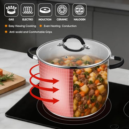 P&P CHEF Stainless Steel Stock Pot, 10 Qt Cooking Soup Pot with Visible Lid for Pasta, Tri-Ply Bottom & Dual Heatproof Handles, For Induction Gas All Stoves, Non-Toxic & Dishwasher Safe