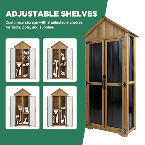 Ketive Outdoor Storage Cabinet, Wood & Metal Storage Shed with Weather-Resistant Roof, Adjustable Shelf, Lockable Doors & Adjustable Feet, for Garden, Patio, Backyard, 27.5" x 13" x 67"