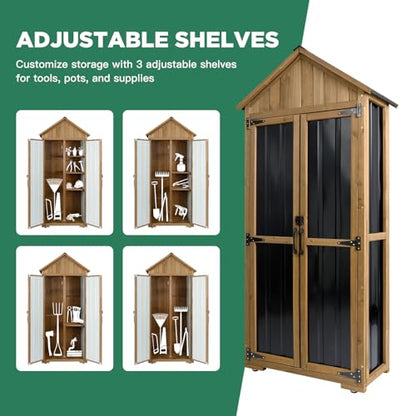 Ketive Outdoor Storage Cabinet, Wood & Metal Storage Shed with Weather-Resistant Roof, Adjustable Shelf, Lockable Doors & Adjustable Feet, for Garden, Patio, Backyard, 27.5" x 13" x 67"