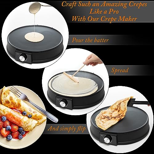 Moss & Stone 12” Electric Griddle Pan & Crepe Machine, Non-Stick Electric Crepe Maker with Adjustable Temperature, Includes Spreader & Spatula – Ideal for Pancakes, Blintzes & Tortillas