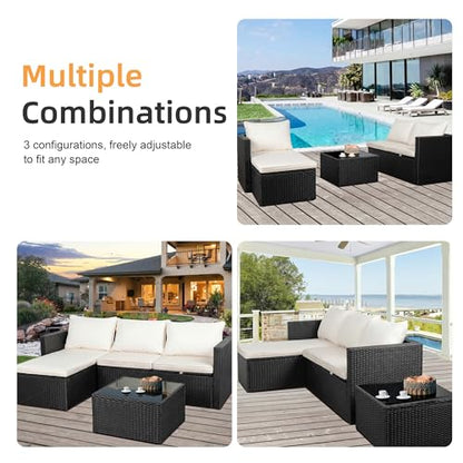 Shintenchi Outdoor Sectional Patio Furniture Set 4-Piece, All-Weather PE Rattan Sofa Couch with Cushions & Storage Coffee Table for Yard, Garden, Porch, Poolside (Beige)