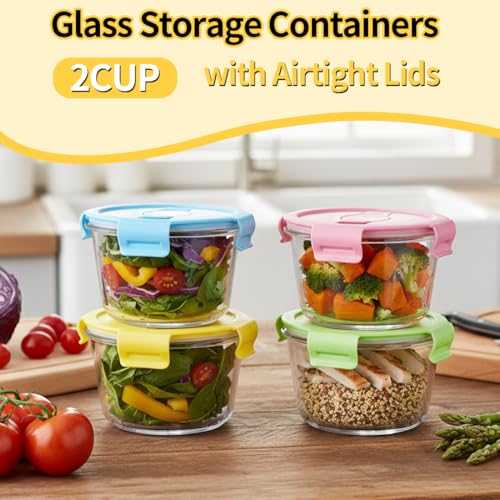S.ROKE TTAN 2 Cup Round Glass Soup Container with Lids and Spoons, 16oz Round Food Containers set, BPA-Free Small Borosilicate Glass Meal Prep Bowls for Leftover, Office. Oven, Freezer Safe (4 Pack)