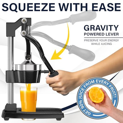 Eurolux Ultra-Premium Cast Iron Juicer | Extra-Large, Heavy Duty, Commercial Grade, Stainless Steel Manual Hand Press Citrus Squeezer For Fresh Orange Juice, Pomegranate, Lemon, and Much More (Black)