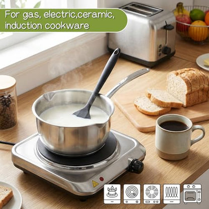 Stainless Steel Butter Warmer Pan 25 Ounce Mini Butter Melting Pot with Scraper Kitchen Induction Milk Pot Saucepan with Dual Pour Spout for Milk, Coffee, and Melting Chocolate, 750ml/0.8 Quart