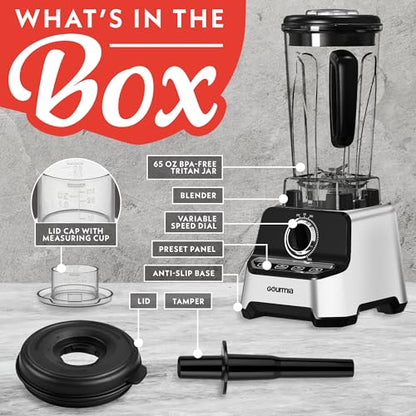Gourmia Heavy Duty Countertop Blender – 2L BPA-Free Pitcher, 1500W High-Speed Motor, 45,000 RPM, 4 Presets, Variable Speed Dial, Built-In Tamper, Dishwasher-Safe Parts, Stainless Steel