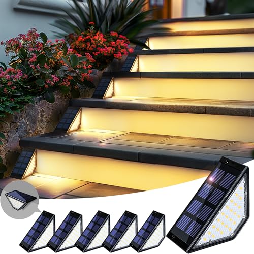 PATIOWIN 6 Pack Solar Step Lights for Outside, 24 LEDs Solar Stair Lights Waterproof IP65, Solar Deck Lights Outdoor Decor for Garden, Porch, Pathway, Patio, Fence, Balcony(Warm White)