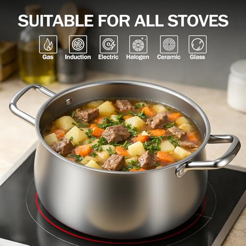 Tifanso Tri-Ply 8 Quart Stainless Steel Stock Pot - Heavy Duty Large Induction Cooking Pot with Lid for Pasta, Soup, Spaghetti, Nonstick Deep Stockpot, Kitchen Cookware for Simmer, Canning, Boiling
