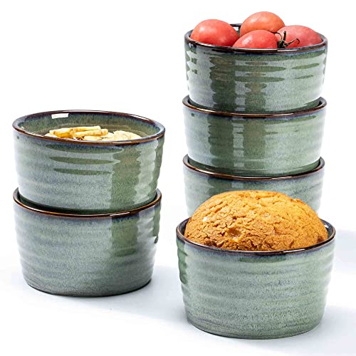 Henten Home Ceramic 8 oz Ramekins Set, Porcelain Souffle Ramekins Set of 6, Creme Brulee Ramekins for Baking, Ice Cream, Pudding, Oven & Microwave Safe Small Bowls, Stackable (Green)