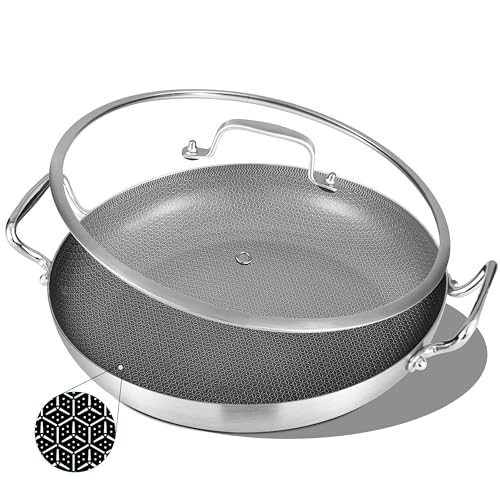 Inqibee 13-Inch Hybrid Tri-Ply Stainless Steel Paella Pan with Lid, Ceramic Non Stick Large Skillet, Induction Cooking Pan, Anti-Scratch, Dishwasher and Oven Safe