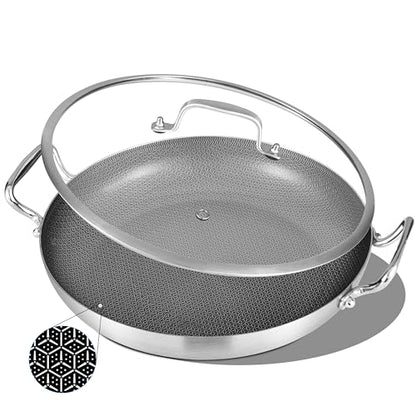 Inqibee 13-Inch Hybrid Tri-Ply Stainless Steel Paella Pan with Lid, Ceramic Non Stick Large Skillet, Induction Cooking Pan, Anti-Scratch, Dishwasher and Oven Safe