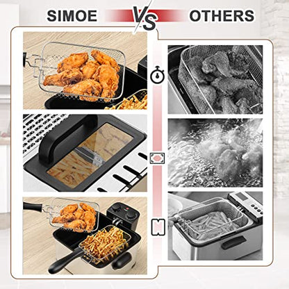 5.3QT Electric Deep Fryer with 3 Baskets, SIMOE 5L Stainless Steel Deep Fryer w/60 Timer & Lid with View Window, Home Countertop Oil Fryer w/Temperature Control for Kitchen, Party, French Fries