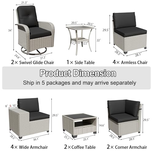 wallowsun 15-Piece Outdoor Patio Furniture Set, Modular Sectional Sofa Set with Swivel Rocker Chairs, Wicker Outdoor Couch Conversation Sets w/Coffee Table and Cushions, Black