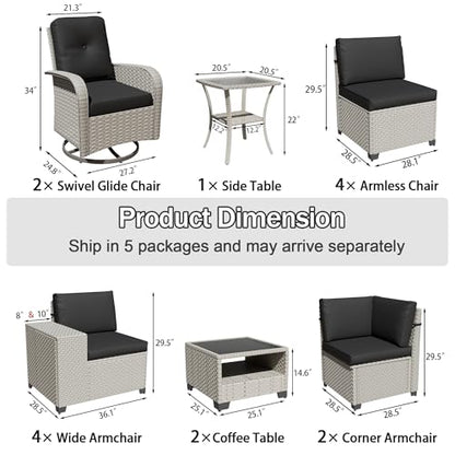 wallowsun 15-Piece Outdoor Patio Furniture Set, Modular Sectional Sofa Set with Swivel Rocker Chairs, Wicker Outdoor Couch Conversation Sets w/Coffee Table and Cushions, Black