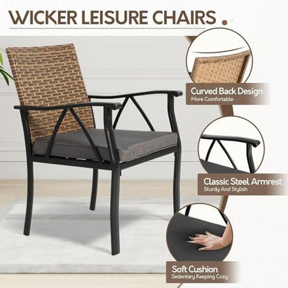 Andehomy 5-Piece Patio Dining Set for 4, Outdoor Dining Set with 4 Wicker Patio Dining Chairs with Cushions & 1 Black Square Woodgrain Dining Table with 1.75" Market Umbrella Hole, Black & Brown