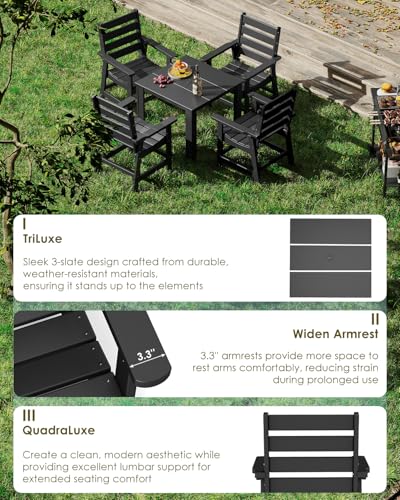 GREENVINES 5-piece Patio Dining Set, HDPE Square Table & 4 Chairs, Black