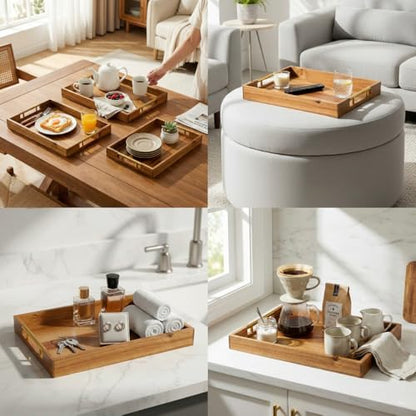 SNAZZORA 3 Pcs Acacia Wood Serving Trays with Golden Steel Handles 18", 16" & 14" with 6 Coasters - for Coffee Table, Ottoman in Living Room, Breakfast in Bed, Jewelry, Decorative, BBQ, Charcuterie