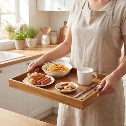 Serving Tray with Handles, Acacia Wood Serving Platters, Set of 2 Rustic Decorative Storage Tray for Coffee Table, Party, Ottoman, Kitchen, Bedroom, Bathroom, Ideal Housewarming Gift
