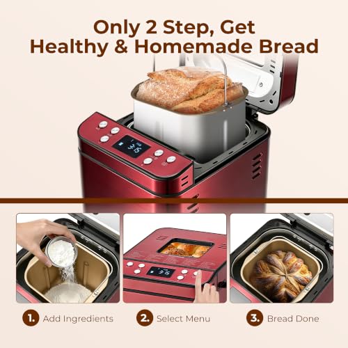 Rosewill 25-in-1 Automatic Bread Maker Machine with 3 Loaf Size up to 2LB, 700W High Power Dual Heater Bread Maker with BPA-free Nonstick Coating Pan, Max 15 Hours Delay Timer, Low Noise - Red Velvet