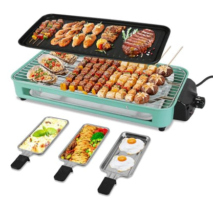 Electric Indoor Grill Smokeless, 1500W 2-in-1 Korean BBQ & Raclette Table Grill with Non-Stick Removable Plates, 5-Temp Control, Dishwasher Safe, Portable Indoor Grills for Kitchen & Family