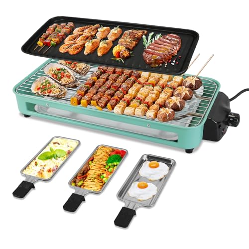Electric Indoor Grill Smokeless, 1500W 2-in-1 Korean BBQ & Raclette Table Grill with Non-Stick Removable Plates, 5-Temp Control, Dishwasher Safe, Portable Indoor Grills for Kitchen & Family