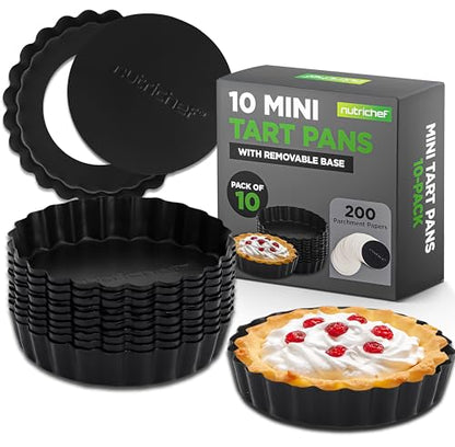 NutriChef 10-Piece Nonstick Mini Tart Pans with Removable Bottom - Heavy Duty 4 Inch Steel Quiche Pans, Oven & Dishwasher Safe, Fluted Side for Sweet & Savory Foods - Includes 200pcs Parchment Paper