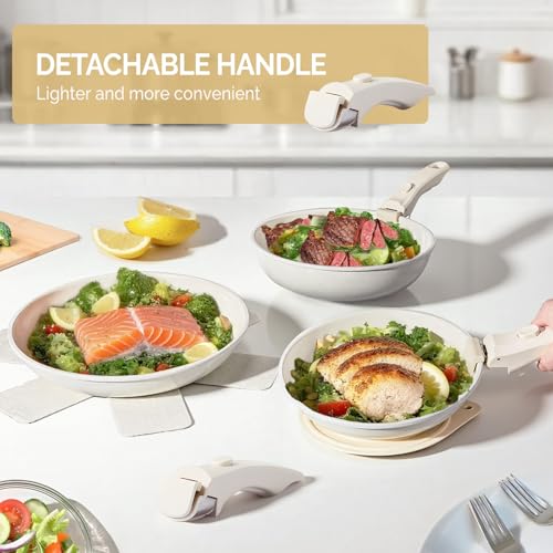 ROVSUN 22 Pcs Nonstick Pots and Pans Set, Cast Aluminum Kitchen Cookware Set with Detachable Handles, RV Kitchen Cooking Set and Utensils, Dishwasher Safe, PFAS PFOA & PFOS Free, Cream White