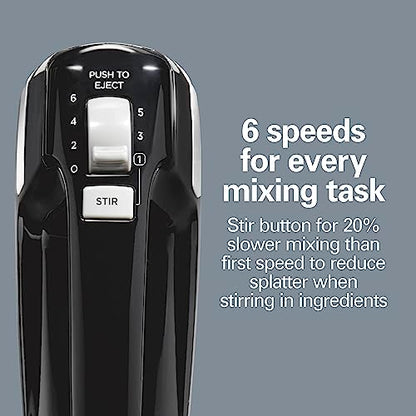 Hamilton Beach Electric Hand Mixer, 6 Speeds + Stir Button, 300 Watts of Peak Power for Powerful Mixing, Includes Whisk and Storage Clip, Black (62628)