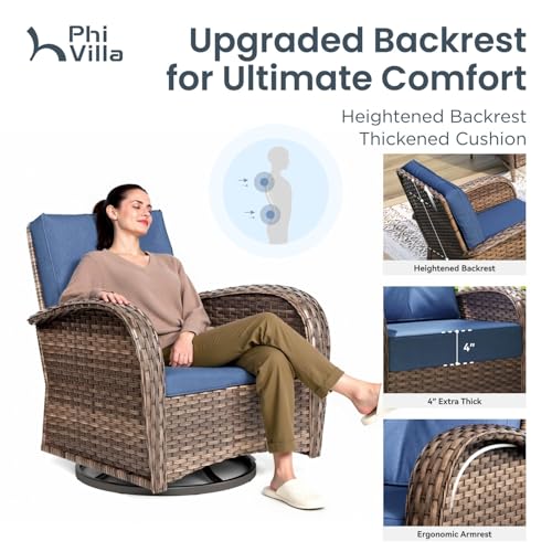PHI VILLA Patio Furniture Set, 6 Pieces Wicker Outdoor Conversation Set with 2 High Back Patio Swivel Chairs, 3-Seat Rattan Patio Sofa Couch, 2 Muti-Functional Ottomans (Navy Blue Cushions)