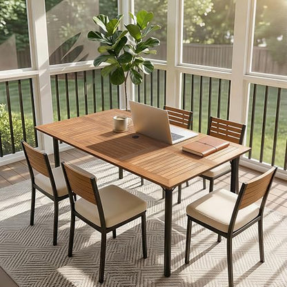 Greesum Acacia Wood Patio Outdoor Dining Table, 63" L x 36" W x 30" H Outdoor Table with Umbrella Hole and Sturdy Metal Legs for Garden, Patio, Backyard