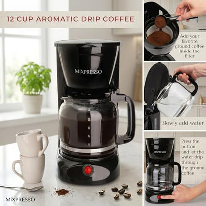 Mixpresso 12 Cup Drip Coffee Maker, Coffee Pot with Reusable Filter, Black